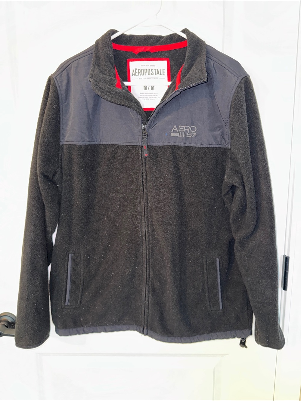 Aeropostale Black Fleece Zip-Up Jacket with Navy Yoke and Red Trim